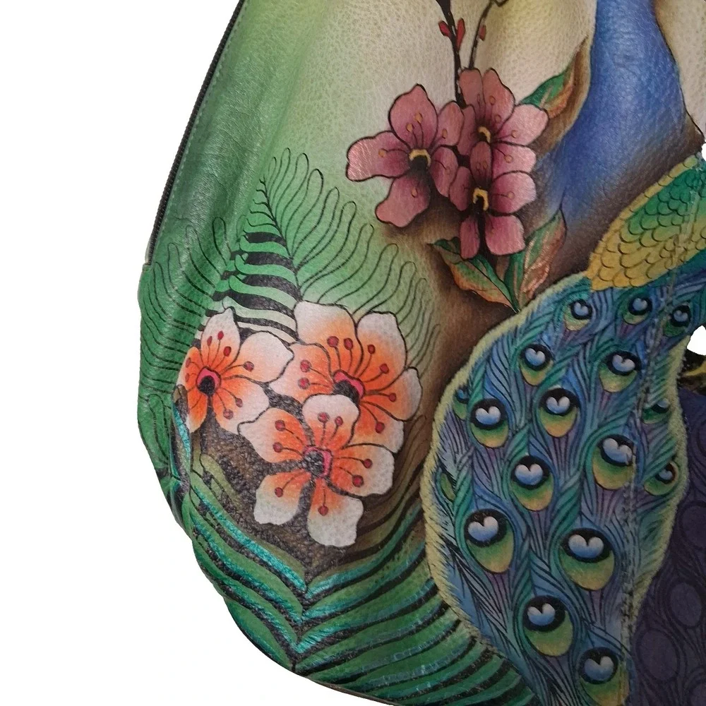 Anuschka Hand-Painted Leather Hobo Bag Peacocks Two sided Painting